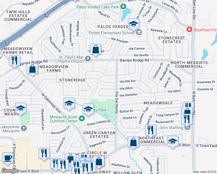 map of restaurants, bars, coffee shops, grocery stores, and more near 826 Via Del Sur in Mesquite