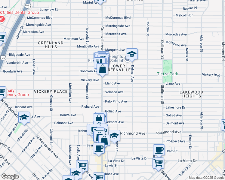map of restaurants, bars, coffee shops, grocery stores, and more near 5735 Velasco Avenue in Dallas