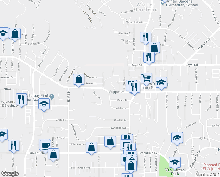 map of restaurants, bars, coffee shops, grocery stores, and more near 1222 Pepper Drive in El Cajon