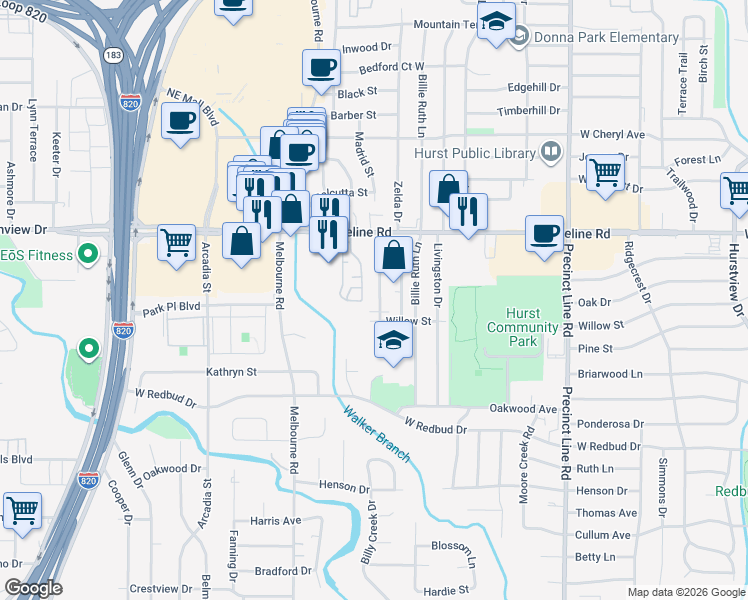 map of restaurants, bars, coffee shops, grocery stores, and more near 712 Castle Drive in Hurst
