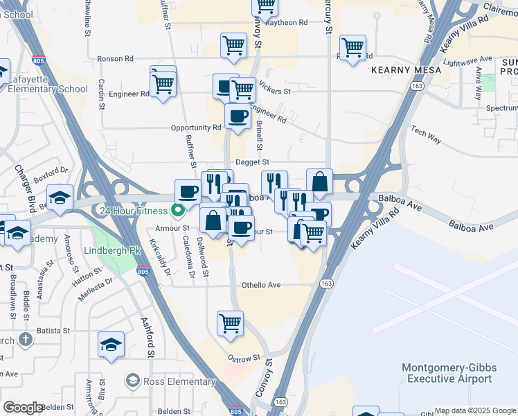 map of restaurants, bars, coffee shops, grocery stores, and more near 7865 Balboa Avenue in San Diego