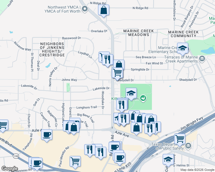 map of restaurants, bars, coffee shops, grocery stores, and more near 6104 Lakeside Drive in Fort Worth