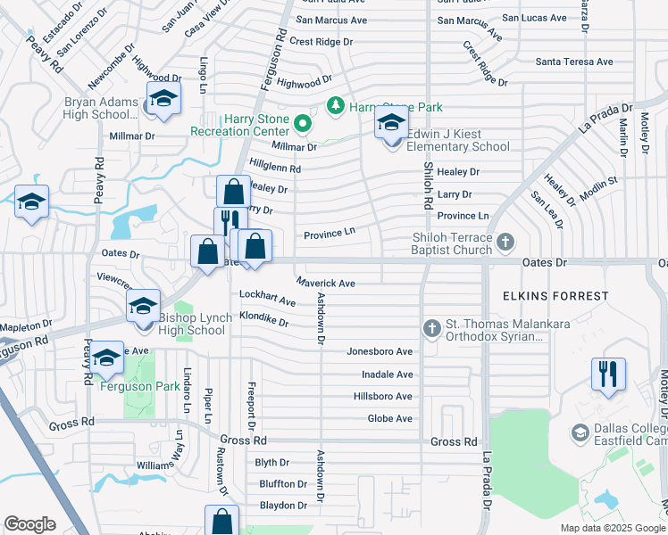 map of restaurants, bars, coffee shops, grocery stores, and more near 2511 Oates Drive in Dallas