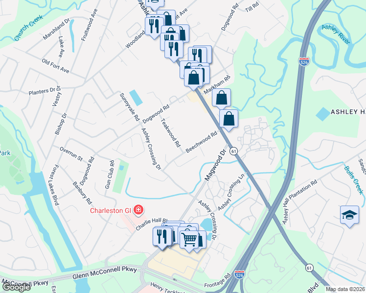 map of restaurants, bars, coffee shops, grocery stores, and more near 1850 Beechwood Road in Charleston