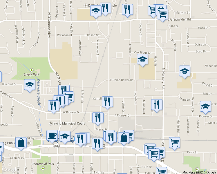 map of restaurants, bars, coffee shops, grocery stores, and more near 820 North Britain Road in Irving