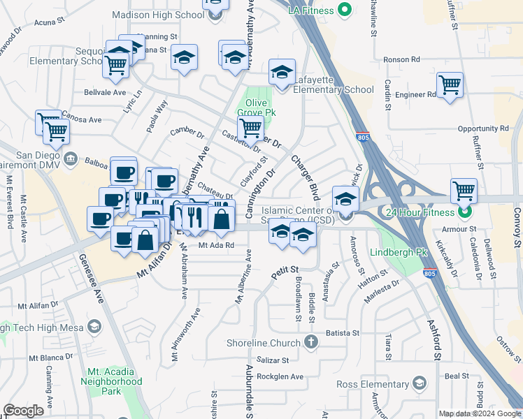 map of restaurants, bars, coffee shops, grocery stores, and more near 6666 Beadnell Way in San Diego