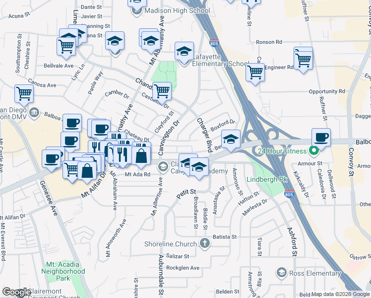 map of restaurants, bars, coffee shops, grocery stores, and more near 6750 Beadnell Way in San Diego