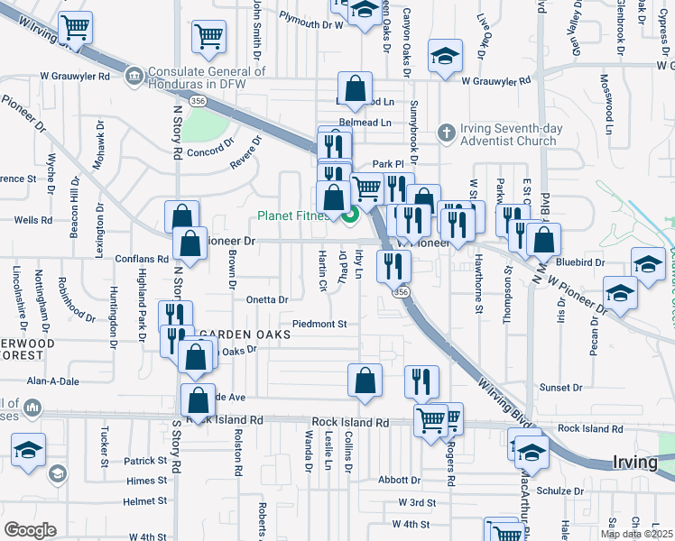 map of restaurants, bars, coffee shops, grocery stores, and more near 635 Thad Drive in Irving