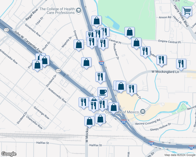 map of restaurants, bars, coffee shops, grocery stores, and more near 7701 N Stemmons Fwy in Dallas