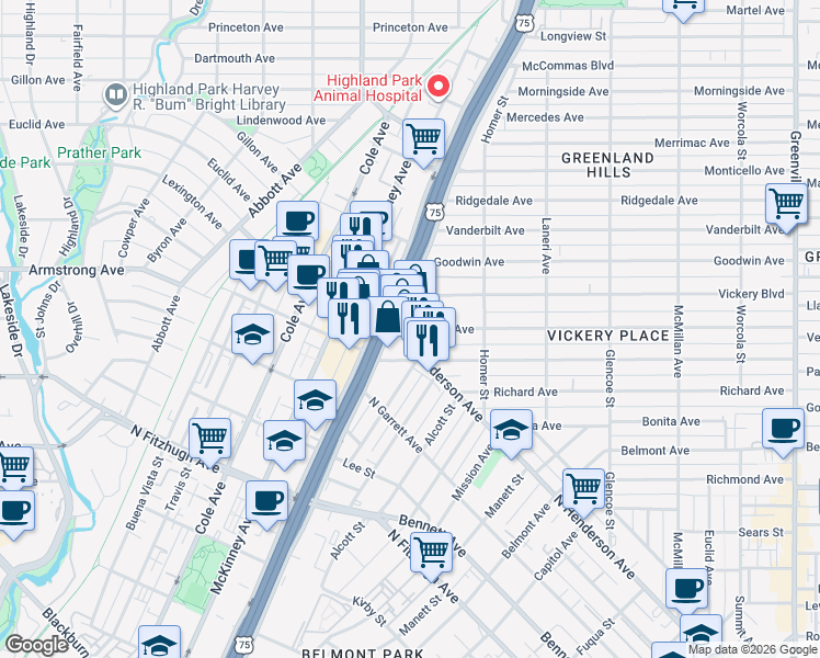map of restaurants, bars, coffee shops, grocery stores, and more near 5000 Miller Avenue in Dallas