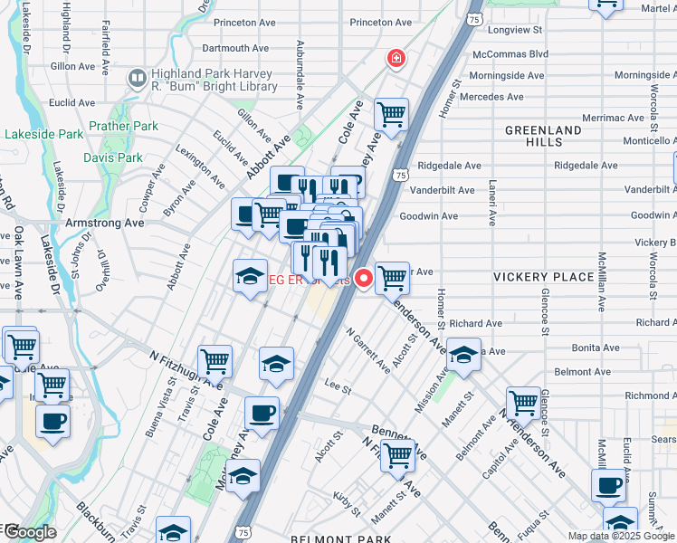 map of restaurants, bars, coffee shops, grocery stores, and more near 3001 Knox Street in Dallas