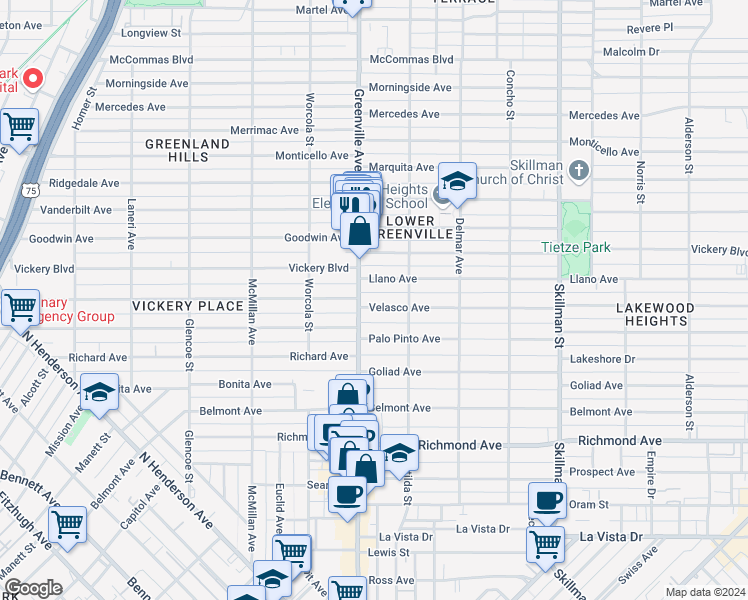 map of restaurants, bars, coffee shops, grocery stores, and more near 5715 Velasco Avenue in Dallas