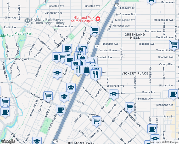 map of restaurants, bars, coffee shops, grocery stores, and more near 3007 North Henderson Avenue in Dallas