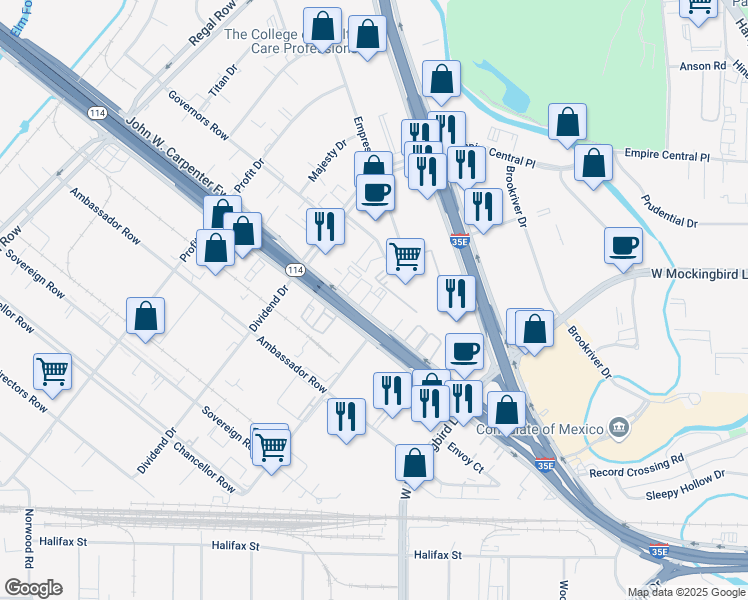 map of restaurants, bars, coffee shops, grocery stores, and more near 8100 John W. Carpenter Freeway in Dallas