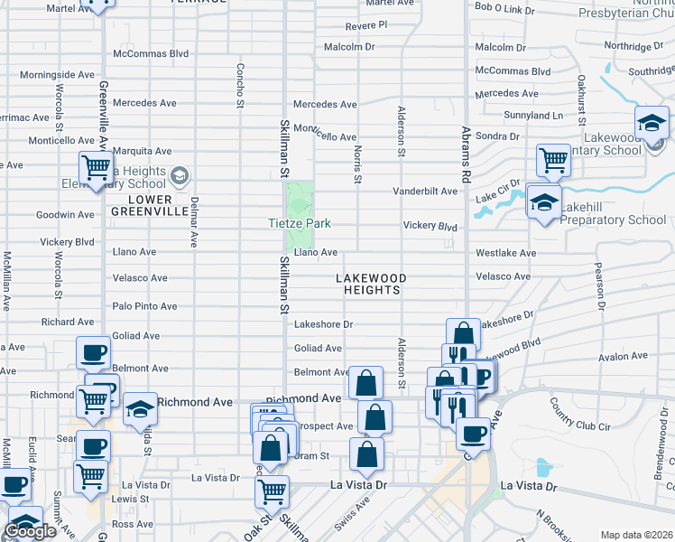 map of restaurants, bars, coffee shops, grocery stores, and more near 6163 Velasco Avenue in Dallas