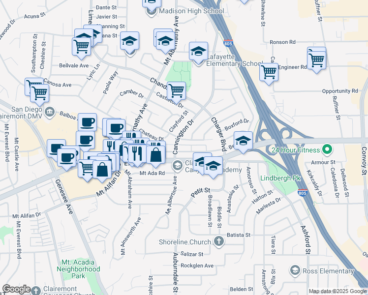 map of restaurants, bars, coffee shops, grocery stores, and more near 6129 Charing Street in San Diego
