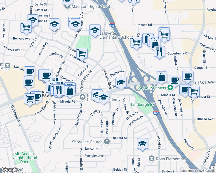 map of restaurants, bars, coffee shops, grocery stores, and more near 6824 Beadnell Way in San Diego