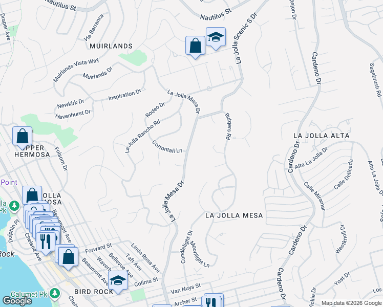 map of restaurants, bars, coffee shops, grocery stores, and more near 5875 La Jolla Mesa Drive in San Diego