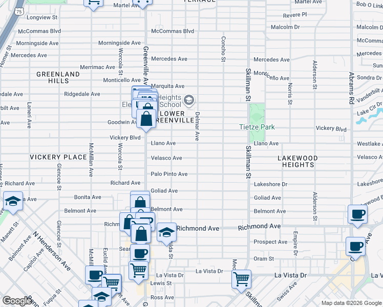 map of restaurants, bars, coffee shops, grocery stores, and more near 5837 Velasco Avenue in Dallas