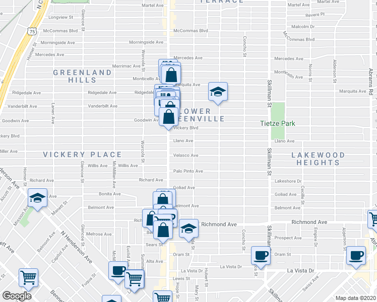 map of restaurants, bars, coffee shops, grocery stores, and more near 5739 Velasco Avenue in Dallas