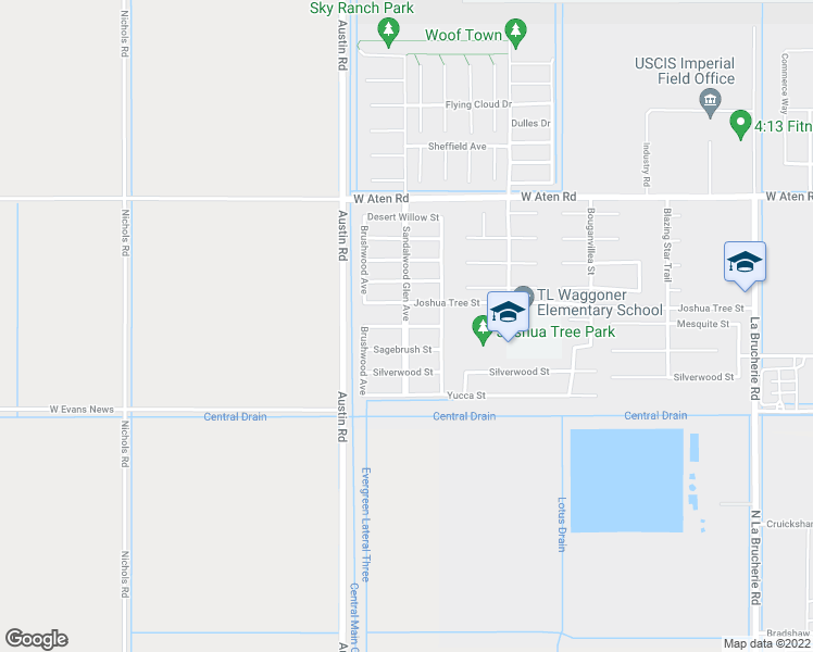 map of restaurants, bars, coffee shops, grocery stores, and more near Sandalwood Glen Avenue & Mesquite Street in Imperial