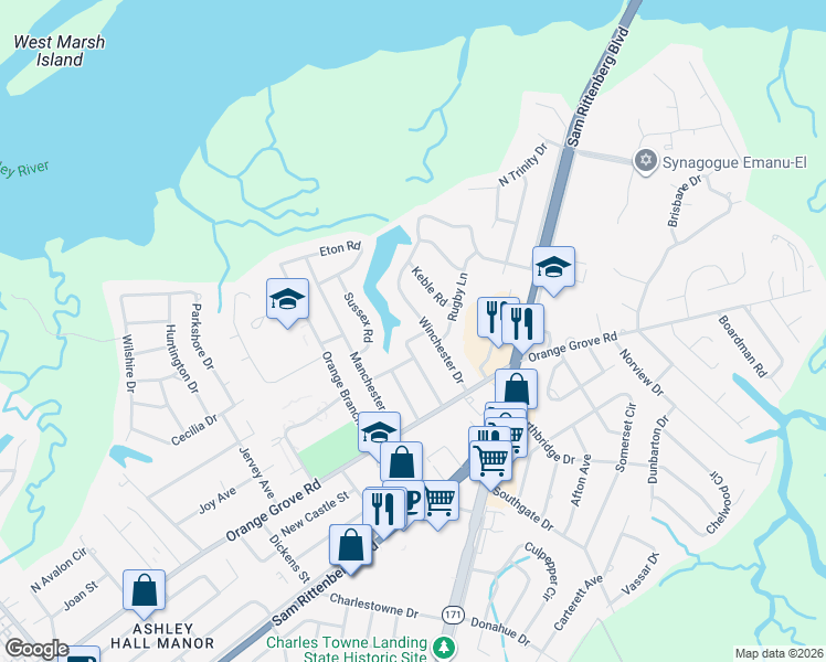 map of restaurants, bars, coffee shops, grocery stores, and more near 71 Shrewsbury Road in Charleston
