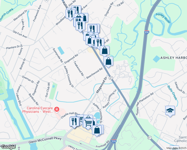 map of restaurants, bars, coffee shops, grocery stores, and more near 1841 Beechwood Road in Charleston