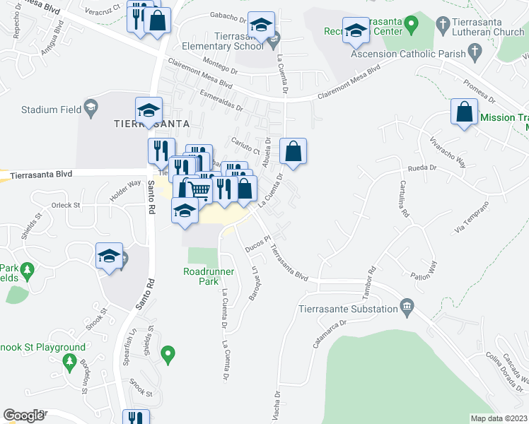 map of restaurants, bars, coffee shops, grocery stores, and more near 10839 Carbet Place in San Diego