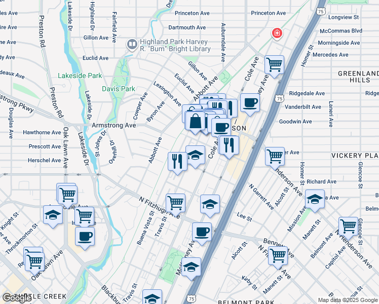 map of restaurants, bars, coffee shops, grocery stores, and more near 4425 Travis Street in Dallas