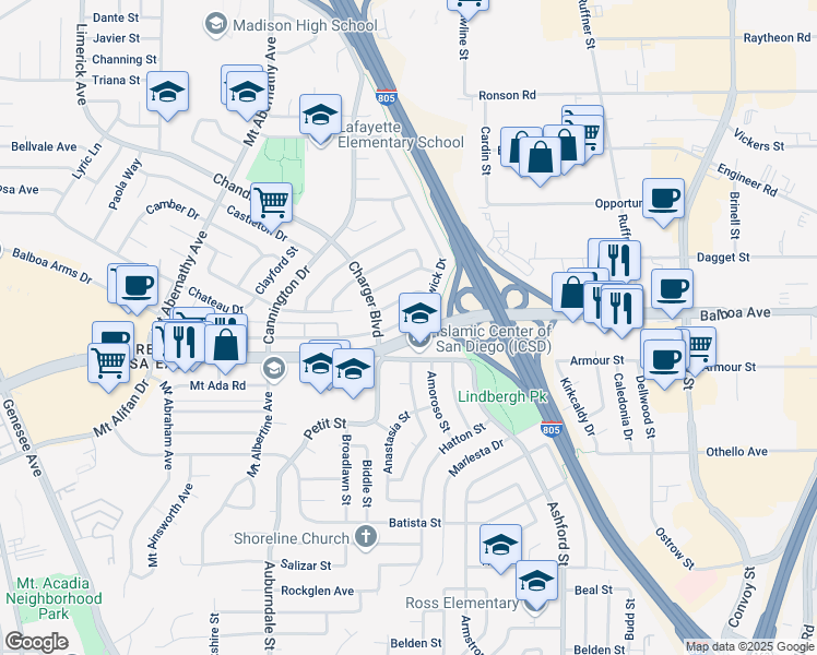 map of restaurants, bars, coffee shops, grocery stores, and more near 4367 Berwick Drive in San Diego