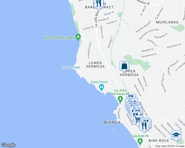map of restaurants, bars, coffee shops, grocery stores, and more near 6126 Avenida Cresta in San Diego