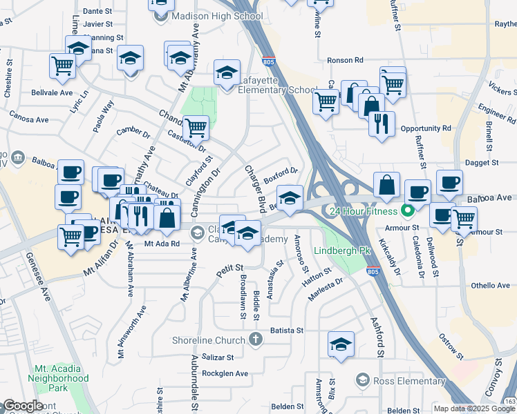 map of restaurants, bars, coffee shops, grocery stores, and more near 6824 Beadnell Way in San Diego