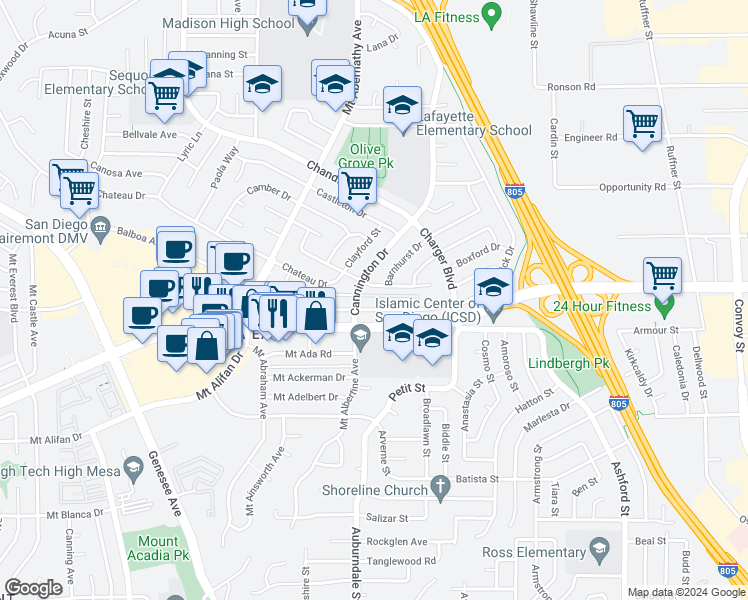 map of restaurants, bars, coffee shops, grocery stores, and more near 6129 Charing Street in San Diego