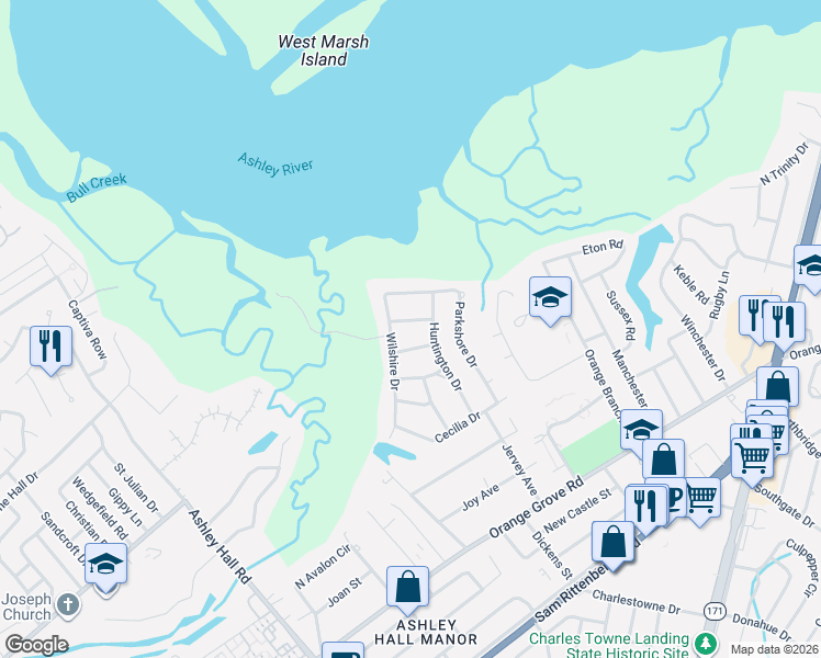 map of restaurants, bars, coffee shops, grocery stores, and more near 1842 Wilshire Drive in Charleston