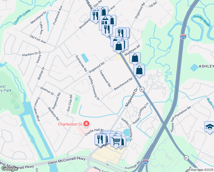map of restaurants, bars, coffee shops, grocery stores, and more near 1945 Teakwood Road in Charleston