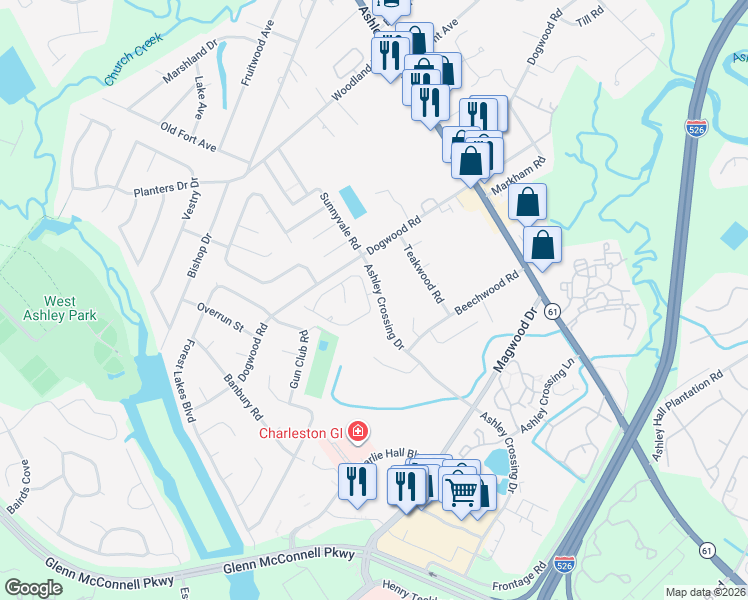 map of restaurants, bars, coffee shops, grocery stores, and more near 1946 Treebark Drive in Charleston
