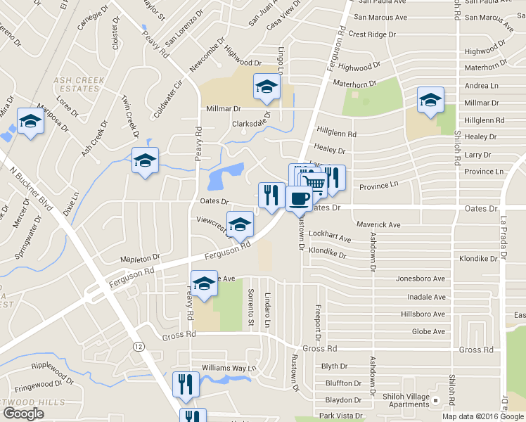 map of restaurants, bars, coffee shops, grocery stores, and more near 2127 Oates Drive in Dallas