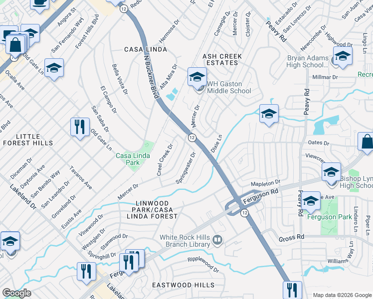 map of restaurants, bars, coffee shops, grocery stores, and more near 9436 Mercer Drive in Dallas