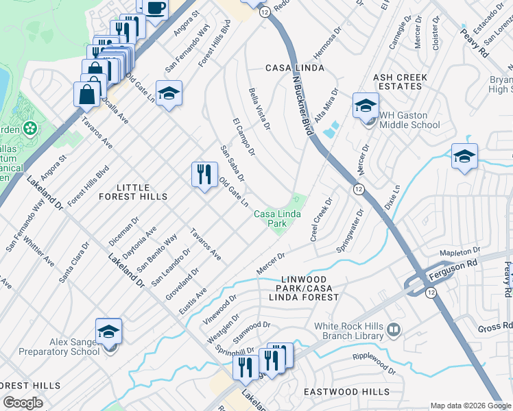 map of restaurants, bars, coffee shops, grocery stores, and more near 1555 San Saba Drive in Dallas