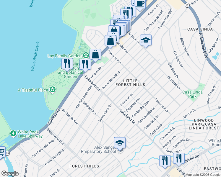 map of restaurants, bars, coffee shops, grocery stores, and more near 8632 Forest Hills Boulevard in Dallas
