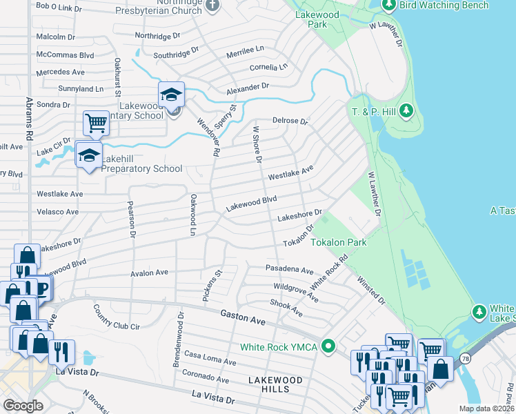 map of restaurants, bars, coffee shops, grocery stores, and more near 7002 Lakewood Boulevard in Dallas