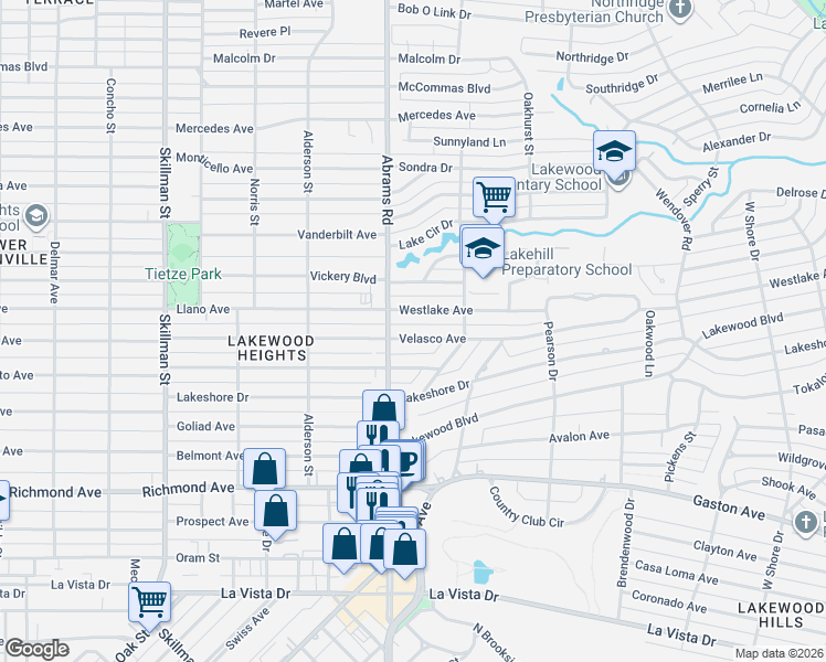 map of restaurants, bars, coffee shops, grocery stores, and more near 6430 Westlake Avenue in Dallas