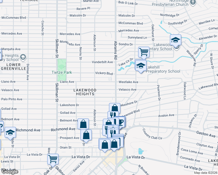 map of restaurants, bars, coffee shops, grocery stores, and more near 6338 Llano Avenue in Dallas
