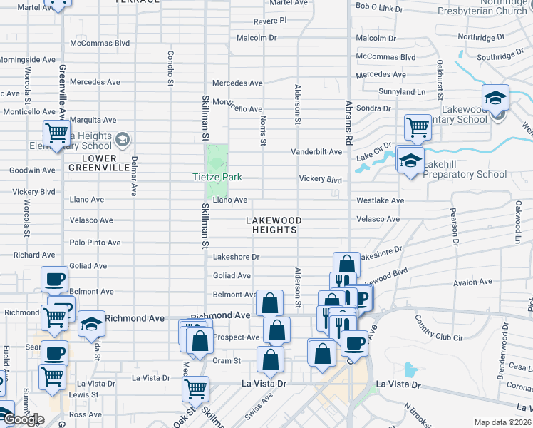 map of restaurants, bars, coffee shops, grocery stores, and more near 6231 Velasco Avenue in Dallas