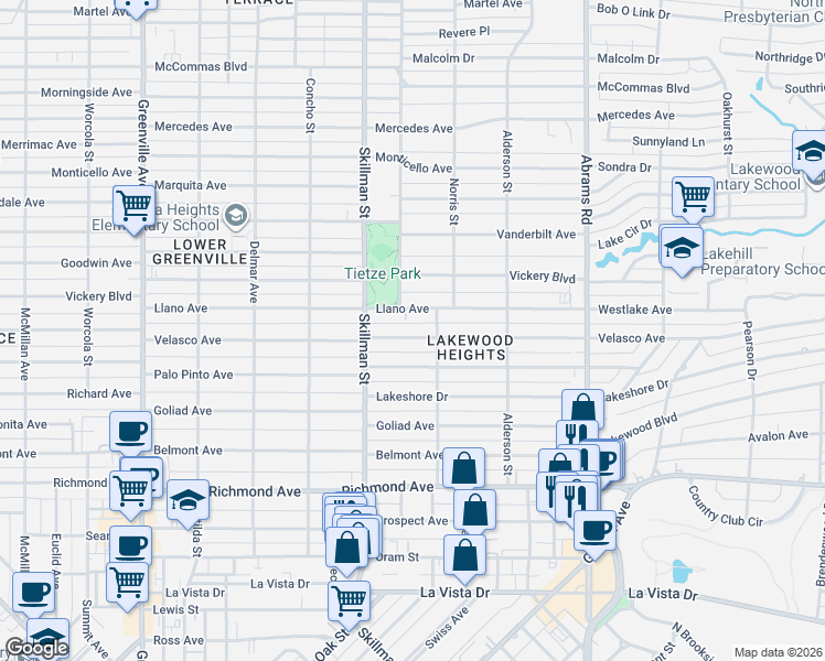 map of restaurants, bars, coffee shops, grocery stores, and more near 6163 Velasco Avenue in Dallas