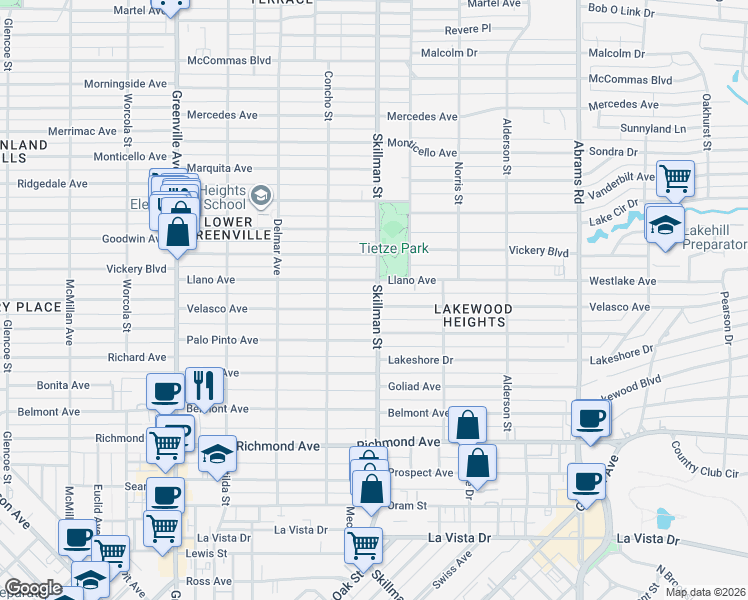 map of restaurants, bars, coffee shops, grocery stores, and more near 6038 Llano Avenue in Dallas
