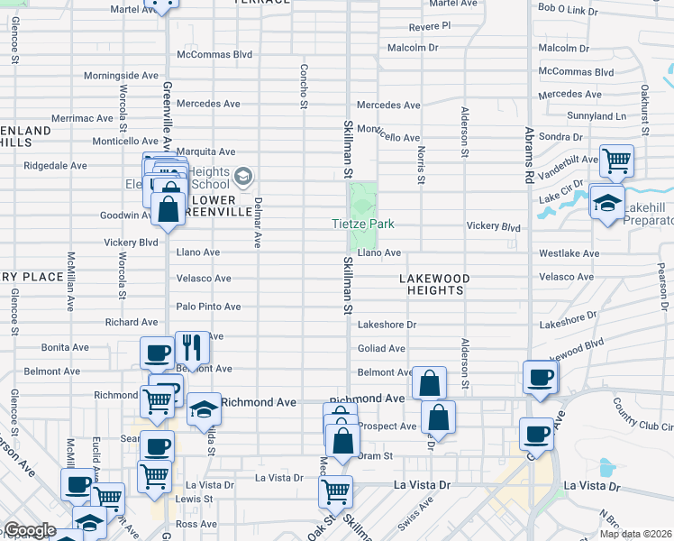 map of restaurants, bars, coffee shops, grocery stores, and more near 6038 Llano Avenue in Dallas