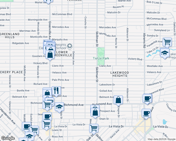 map of restaurants, bars, coffee shops, grocery stores, and more near 6001 Velasco Avenue in Dallas