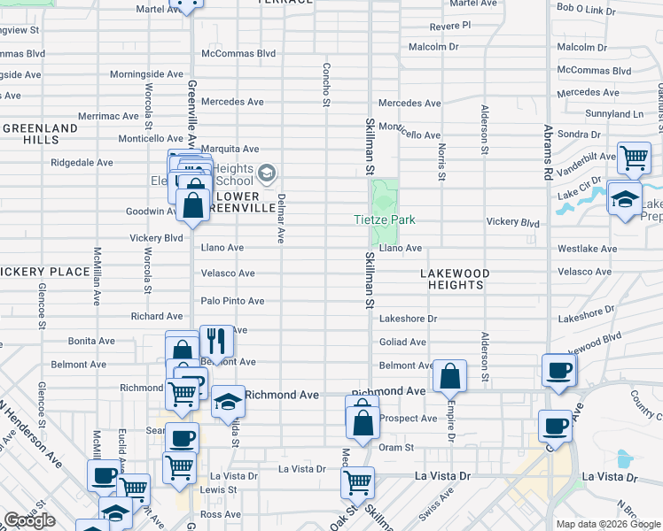 map of restaurants, bars, coffee shops, grocery stores, and more near 6001 Velasco Avenue in Dallas