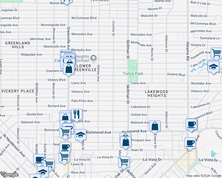 map of restaurants, bars, coffee shops, grocery stores, and more near 6001 Velasco Avenue in Dallas
